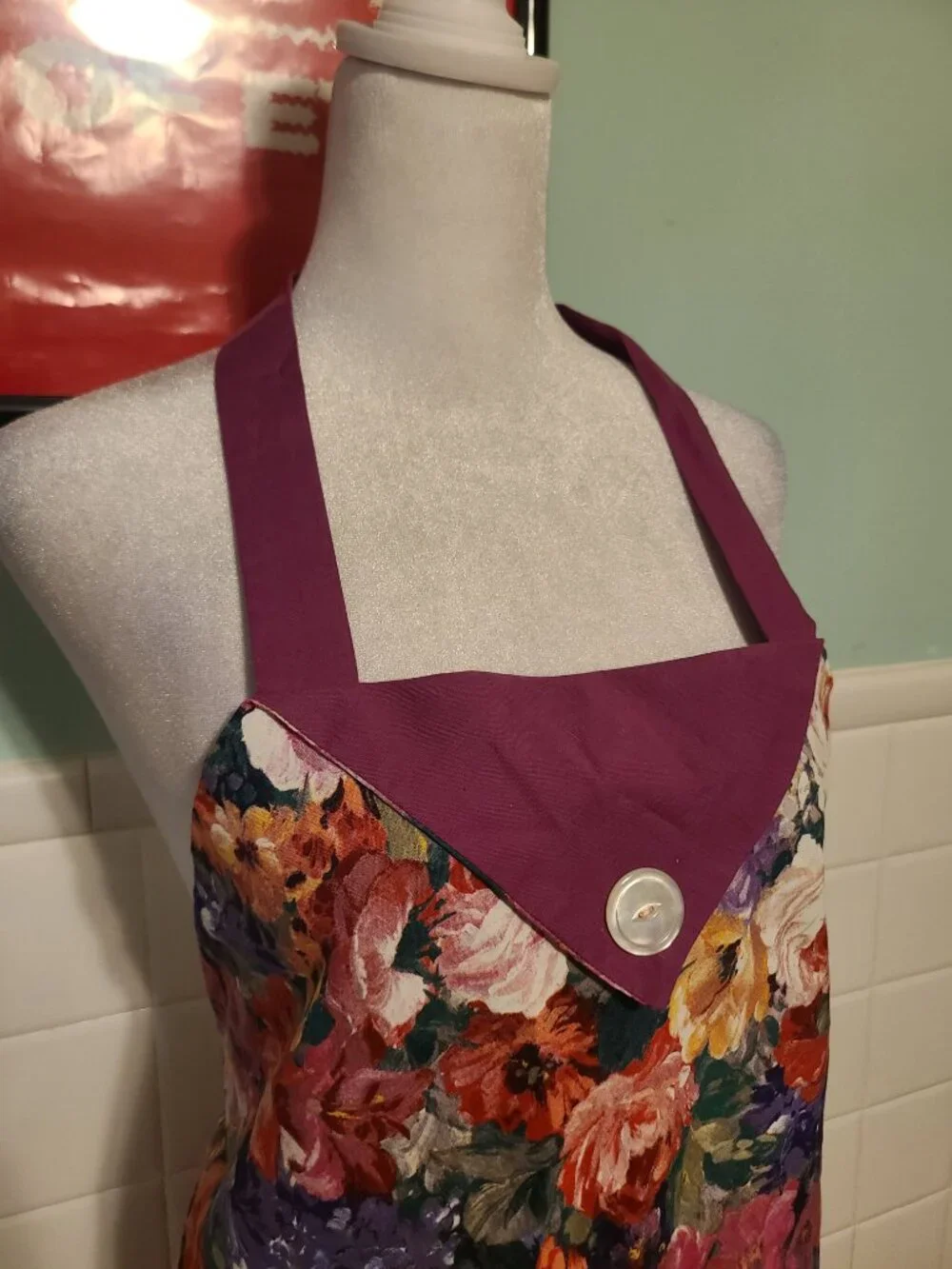 Vintage Handmade Colorful Purple Button Floral Apron Artist Baking Cottagecore